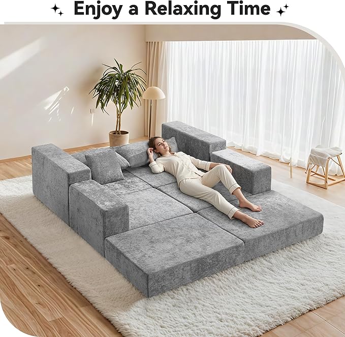 Boneless Sectional Loveseat Couch with Ottoman, Convertible Modular Floor Sleeper Sofa Bed, Comfy Foldable Compression Love Seat Sofa for Living Room, No Assembly, Light Grey