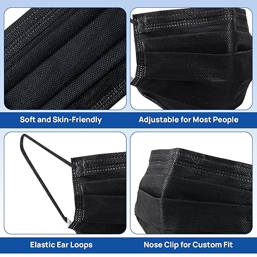 JMU 500 Pcs Black Disposable Face Masks, 4-Ply Protection ASTM Level 3 Medical Masks for Adults, 10 Box