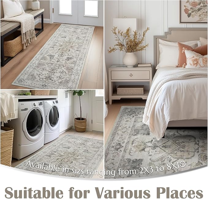 jinchan Hallway Runner Rug 3x8 Machine Washable - Vintage Floral Non-Slip Low-Pile Soft Ultra-Thin Faux Wool Kitchen Rug Distressed Carpet Runner for Farmhouse Bedroom Laundry Room (3x8ft, Taupe)