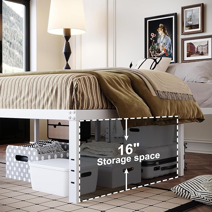 18 Inch White Full Size Bed Frame Heavy Duty Metal Platform No Box Spring Needed, Maximum Storage, Easy Assembly, Noise Free