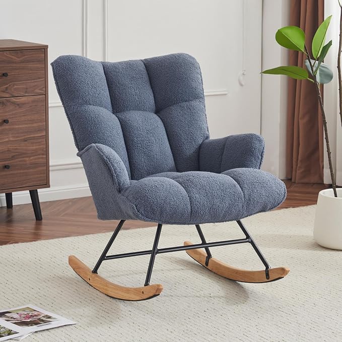Rocking Chair Nursery Teddy Upholstered Glider Rocker Rocking Accent Chair Padded Seat with High Backrest Armchair Comfy Side Chair for Living Room Offices Bedroom(Sky Blue Teddy)