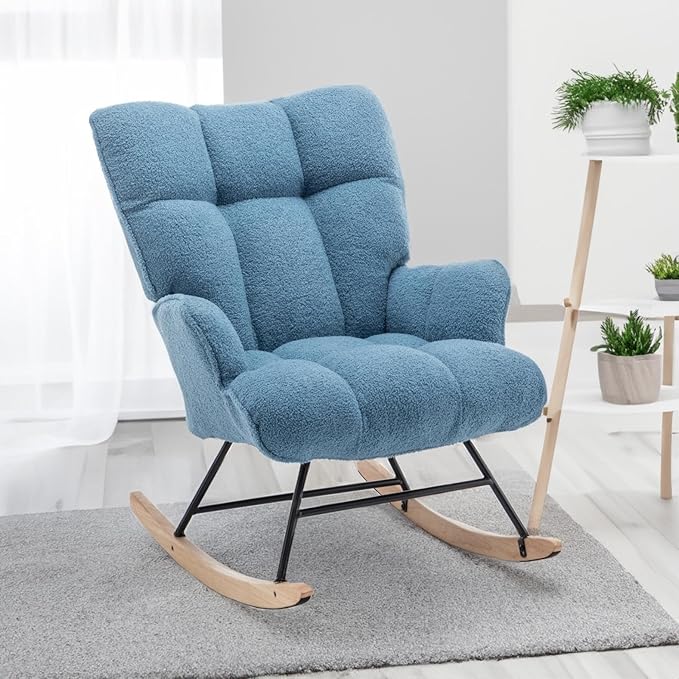 Rocking Chair Nursery Teddy Upholstered Glider Rocker Rocking Accent Chair Padded Seat with High Backrest Armchair Comfy Side Chair for Living Room Bedroom Offices (LightBlue Teddy)