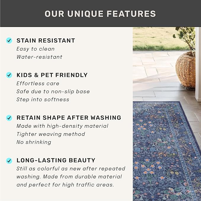 Dark Blue 2x8 Kitchen Rugs - Machine Washable Hallway Runner Non Slip, Floral Pattern Indoor Floor Mats for Entryway, Oriental Design Home Décor