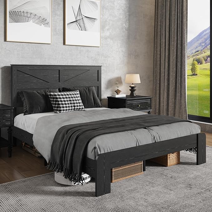 Queen Size Bed Frame with Farmhouse Headboard, Rustic Wooden Bedframe with LED Lights and Charging Station, Easy Assembly, No Box Spring Needed (Black, Queen)