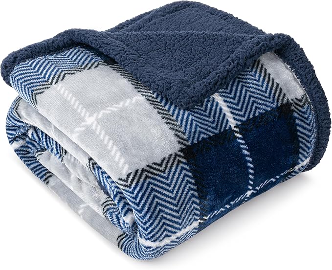 Pavilia Blue Navy Plaid Sherpa Throw Blanket for Couch, Plush Flannel Fleece, Soft Fuzzy Cabin for Sofa Bed, Warm Cozy Winter Gift, 50x60