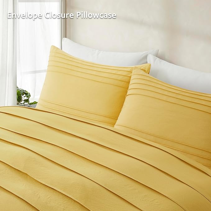 Oli Anderson Mist Yellow Duvet Cover King Size - Pleated King Duvet Cover, 3PCS Soft and Breathable Textured Bedding Set with Zipper Closure(Mist Yellow,104"x90")