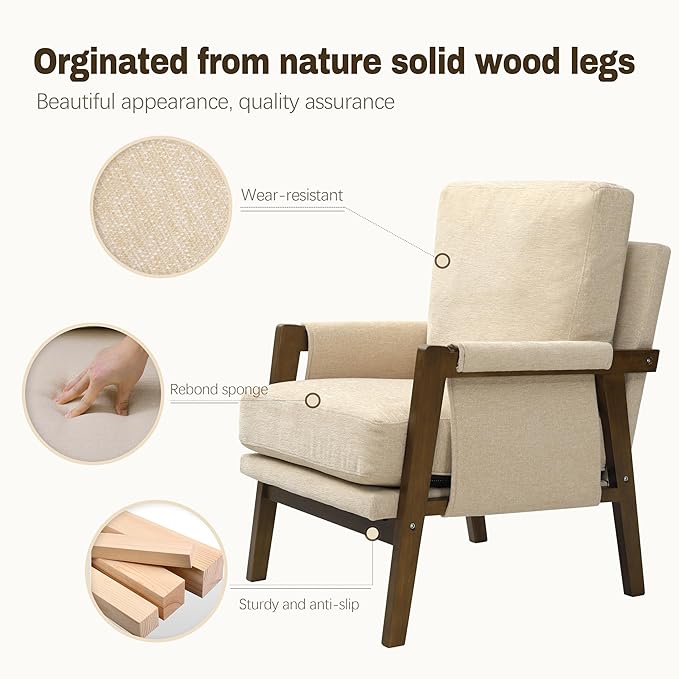 Beige Accent Chair for Bedroom & Living Room, Mid Century Modern Accent Arm Chair, Upholstered Anthropologie Accent Chair with Solid Wood Frame, Fabric