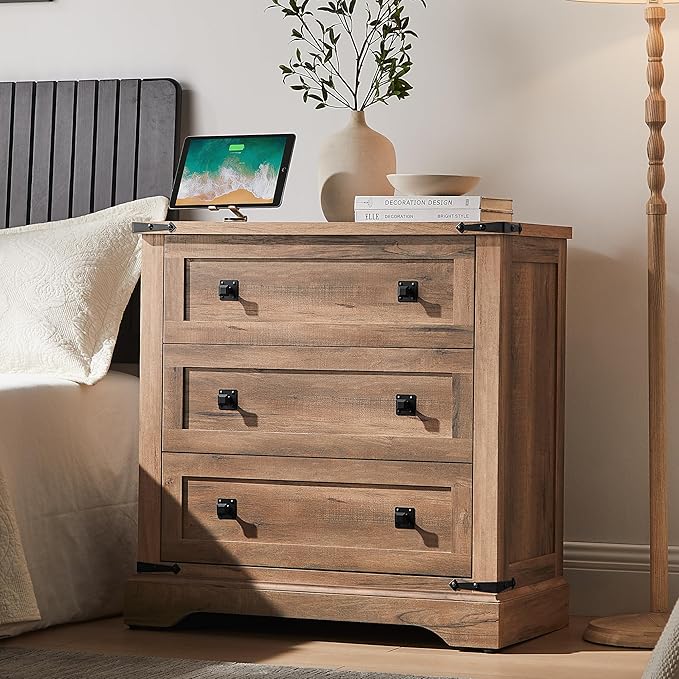 T4TREAM 32" Farmhouse Nightstand with Charging Station Set of 2, Large End Table with 3 Storage Drawers, Rustic Wood Bedside Table for Bedroom, Living Room, Rustic Oak