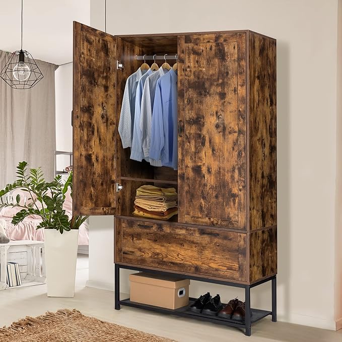 VINGLI 38" W Armoire, Wardrobe Closet with Hanging Rod, Bedroom 71" Freestanding Wardrobe Cabinet with Doors, Adjustable Shelves and Drawer, Open Compartment, Rustic Brown