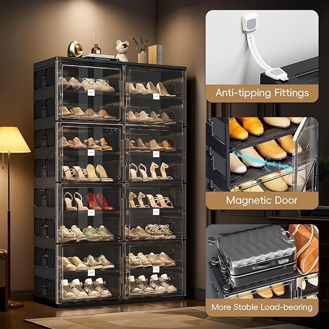 JEKO&JEKO 8-Tier Foldable Shoe Storage Cabinet with Magnetic Doors, Large Stackable Shoe Organizer Cabinet for Closet & Entryway, Clear Front Door Shoe Boxes Hold Up to 32 Pairs (Black)