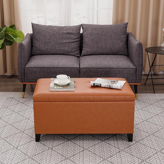 Joveco Storage Ottoman Bench, 33 Inches Faux Leather Rectangle Tufted Foot Stool for End Foot of Bed, Bedroom, Living Room,Vibrant Orange