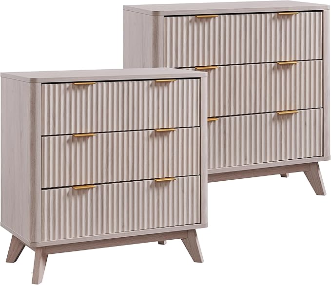 T4TREAM Fluted 3 Drawers Nightstand Set of 2, Oversized Extra Large Modern Side Table, End Table Bedside for Bedroom, Living Room, Curved Profile Design, White Alder