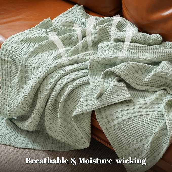 PHF 100% Cotton Waffle Weave Throw Blanket, Soft Lightweight Breathable Cozy Throws for Couch Bed Sofa, Luxury Aesthetic Woven Blanket for Home Decor & Office, 50"x60", Mint Green