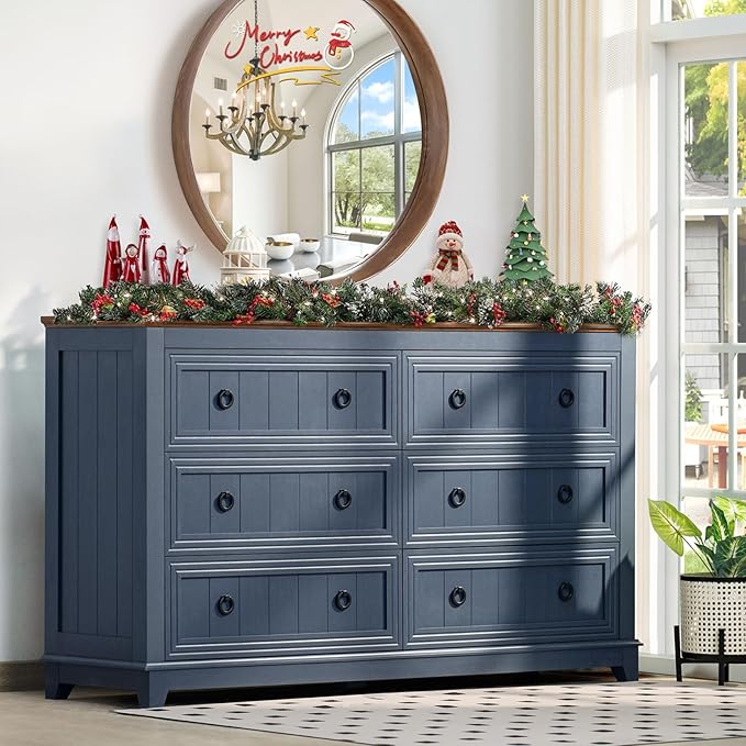 Bedroom Dresser and Nightstand Sets 4 Piece, Farmhouse 6 Drawers Dresser & 40.5" Tall Chest of Drawers, 18" Nightstands Set of 2, 54" Wide Furniture Dressers for Bedroom, Living Room, Blue