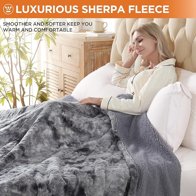Westinghouse Electric Blanket Queen, Faux Fur Heated Blanket with 10 Heating Levels & 1-12 Hours Auto Off, Soft Cozy Sherpa Heated Blanket Washable Blanket (84" x 90" Queen Size, Grey)