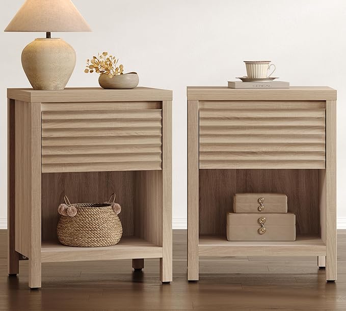 SICOTAS Fluted Nightstands Set of 2-19.6" Wide Wooden Night Stand with Drawer and Storage Shelf, Modern Bedside Table with Thick Top, Boho End Bed Side Tables for Bedroom, Light Oak
