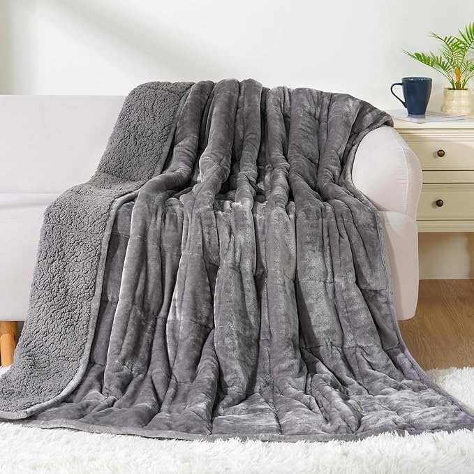 Cottonblue 20lbs Weighted Blanket Queen Size, 60x80 Inches Grey Sherpa Weighted Blanket Throw Sofa Bedding Heavy Blanket for Adults, Soft Cozy Fleece Blanket On Queen Bed