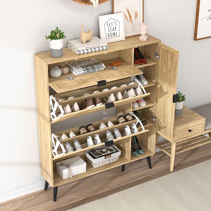 Shoe Storage Cabinet with 2 Flip Drawers, Narrow Shoe Cabinet for Entryway, Freestanding Slim Hidden Shoe Organizer Cabinet with Doors, Adjustable Shelf, Open Storage Space (Wood)