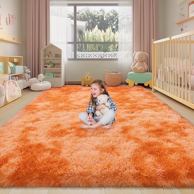 Shag Area Rug 6x9 for Living Room, Large Orange Fluffy Rug for Bedroom Girls Kids Teen Room, Soft Fuzzy Plush Carpet for Nursery Dorm, Non Slip Indoor Shaggy Throw Rug for Home Decor, Orange Tie Dye