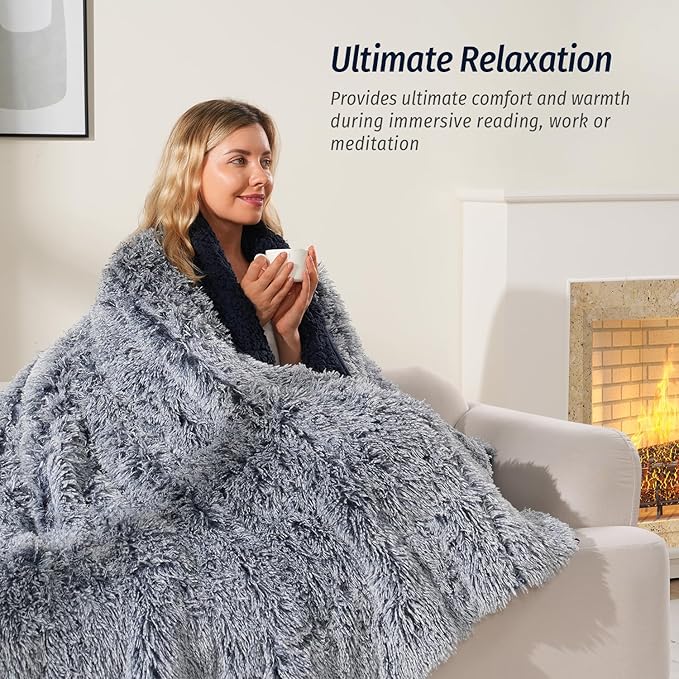 Wemore Shaggy Long Fur Faux Fur Weighted Blanket, Cozy and Plush Sherpa Long Hair Blanket for Adult 20lbs, Fluffy Fuzzy Sherpa Reverse Heavy Blanket for Bed, Couch, Backprint Navy Blue, 60 x 80 Inches