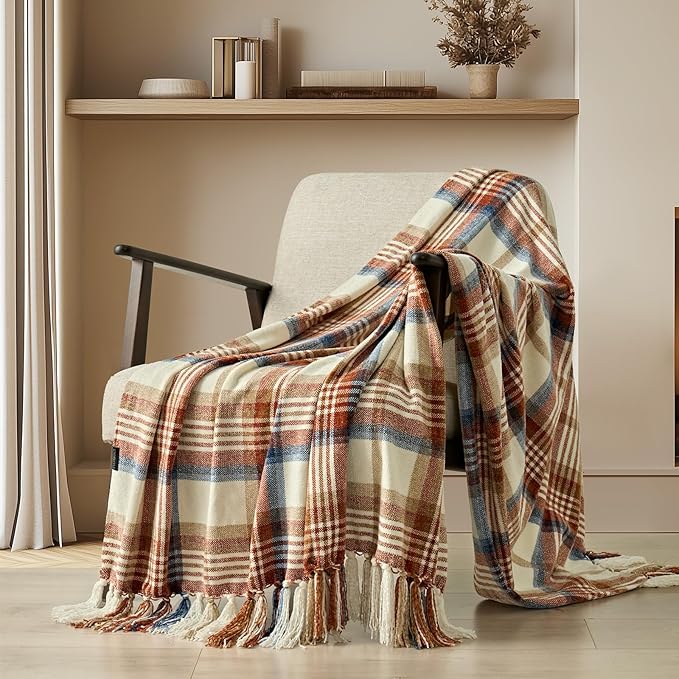 EVERGRACE Plaid Chenille Throw Blanket for Couch, Super Soft Cozy Decorative Fall Throw Blanket with Tassels for Bed Sofa Farmhouse Decor, Lightweight Harvest Plaid Throw Blanket for Autumn, 60"x80"