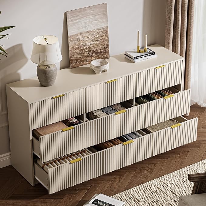 3-Piece Dresser Bedroom Set, 9 Drawer Dresser & 2 Drawer Nightstands with Gold Handles, Fluted Wood Chest of Drawers for Bedroom, Living Room, Entryway, Beige