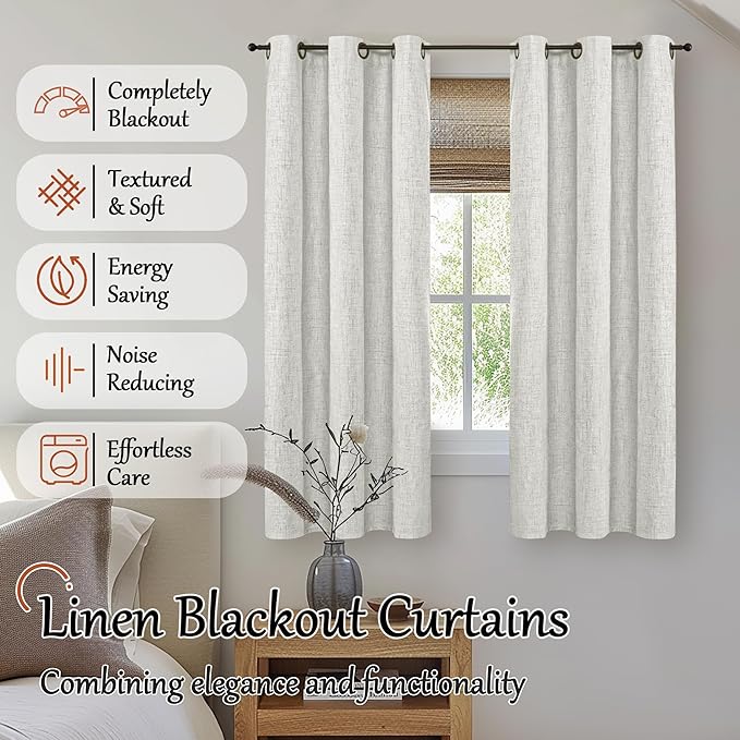 Linen Blackout Curtains for Bedroom Narrow Window, Thermal Insulated Complete Light Blocking Privacy Soundproof Small Curtains for Basement, Each 38 Inch Wide 63 Inch Length 2 Panels, Light Grey