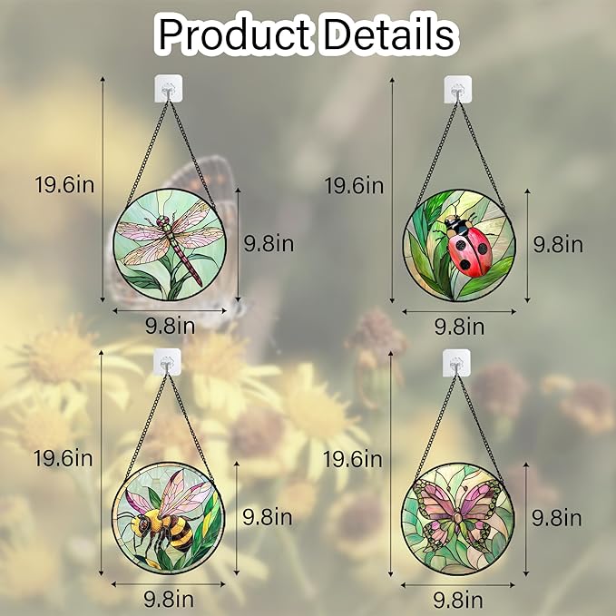 Stained Glass Window Hanging 4 Pcs Set Pink Green Insect Theme 9.8" - Butterfly Suncatcher Door Garden Sun Catcher Decor Birthday Christmas for Mom Woman Nana Men