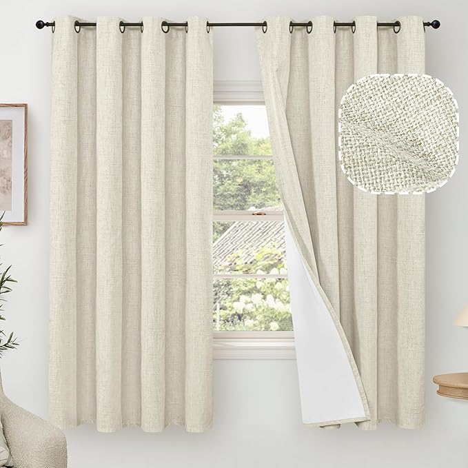 100% Blackout Curtains for Bedroom 63 Inch Length 2 Panels, Thermal Insulated Complete Light Blocking Noise Reducing Linen Window Curtains for Nursery, Bronze Grommet, Each 52" Wide, Natural
