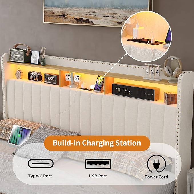 King Size Bed Frame with LED Light and Charging Station, Upholstered Bed Frame with 4 Drawers and 2-Tier Storage Headboard, Easy Assembly, Wooden Slats Support, No Box Spring Needed