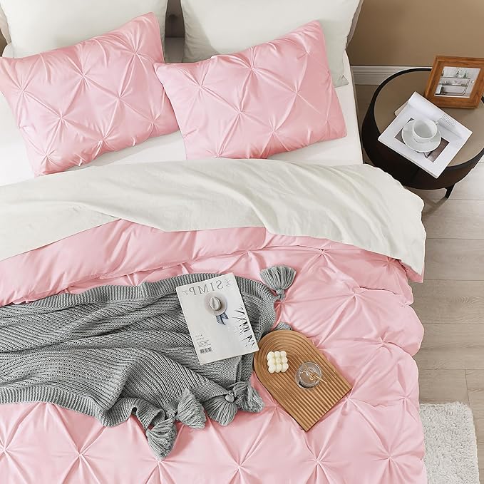 Litanika Pink Pinch Pleat Duvet Cover Full(79x90Inch), 3 Pieces(1 Duvet Cover, 2 Pillowcases) Luxurious Pintuck Bedding Set, Soft Microfiber with Zipper Closure & Corner Ties