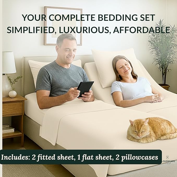 Cloud Scape Linen 100% Egyptian Cotton Split King Sheet Set for Adjustable Bed,400 Thread Count, 5 Pcs Bedding Set, Soft, Breathable and Durable, Deep Pockets up to 17, Ivory