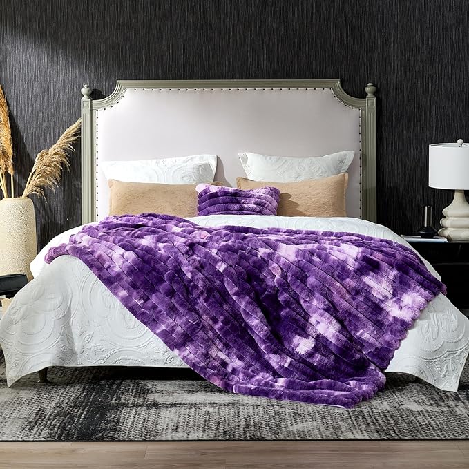 Cozy Bliss Faux Fur Throw Blanket for Couch, Cozy Warm Plush Striped Blanket for Sofa Bedroom Living Room, 50 * 60 Inches Tie-dye Purple