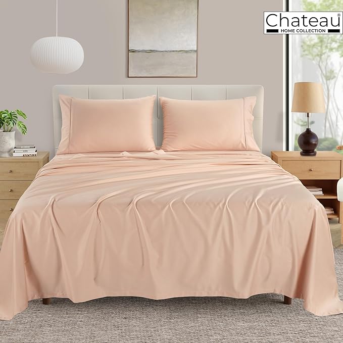 CHATEAU HOME COLLECTION 100% Egyptian Cotton King Size Sheets Set - 400 Thread Count Luxury Sateen Weave, Soft Breathable & Cooling, 15" King Sheets Deep Pocket-Blush