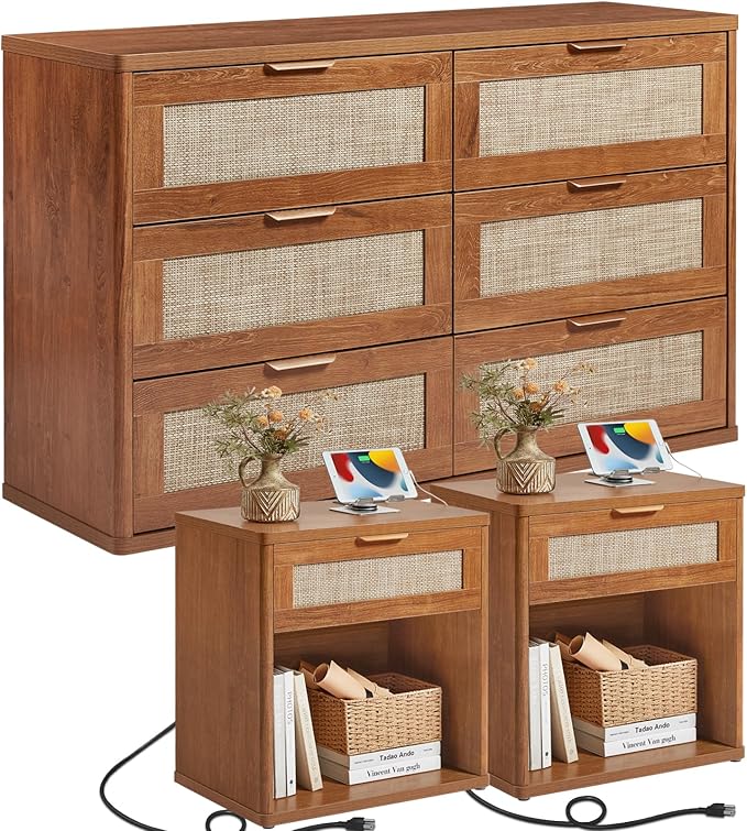 LEYAOYAO Rattan Dresser and Nightstand Sets 3 Piece, Boho Wood Dresser for Bedroom with 6 Drawers and Night Stand with Charging Station, Bedroom Furniture, Dressers & Chests of Drawers, Living Room