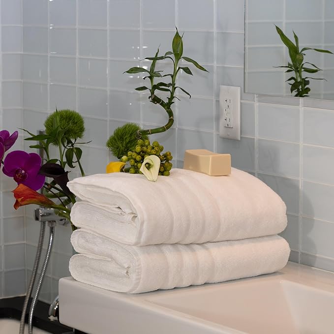Mosobam Luxury Turkish Towels Set of 2 Bath Sheets 35X70 White Oversize 700 GSM Bamboo Viscose & Aegean Turkish Combed Cotton