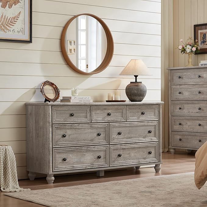 Farmhouse Dressers & Night Stand Set of 4, Wood 54" Wide Dresser & 45" Tall Chest of Drawers, 18" with Charging Station Nightstand Set of 2, Bedroom Furniture Dresser Set for Home Living Room Hallway