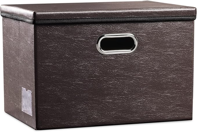 PRANDOM Large Collapsible Storage Bin with Lid [1-Pack] Leather Fabric Foldable Storage Box Organizer Containes Basket Cube with Cover for Home Bedroom Closet Office Nursery Brown (17.7x11.8x11.8)