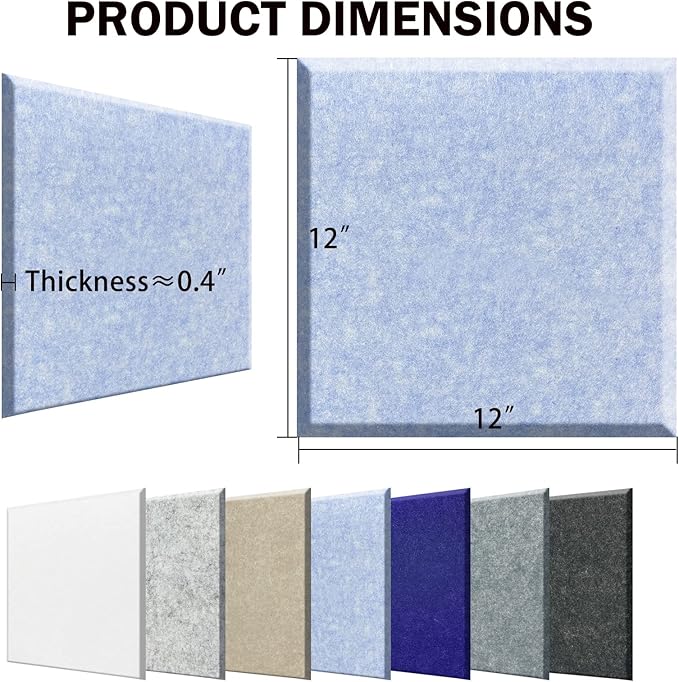 Self-Adhesive Acoustic Panels, 12 Pcs 12" X 12" X 0.4" Square Sound Absorbing Panels, High Density Acoustical Wall Padding(Light Sky Blue)