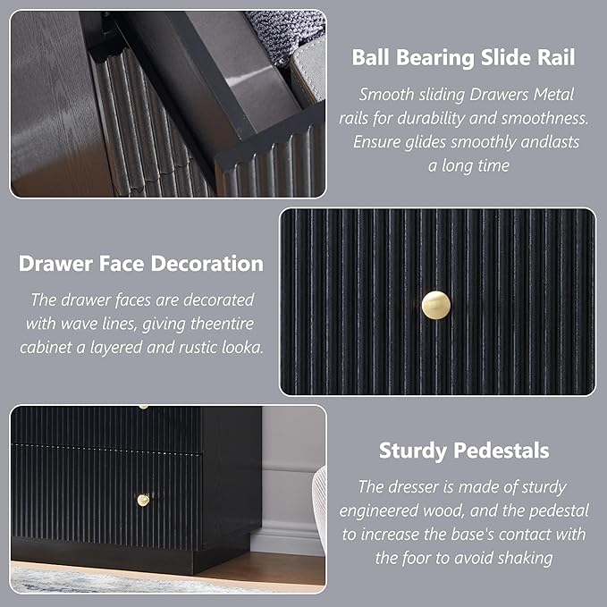Fluted Dresser for Bedroom, Black 5 Drawer Dressers, Wood Tall Dresser Storage Organizer, Chest of Drawers with Deep Storage, Modern Bedroom Chest for Closet Hallway, Entryway, Living Room