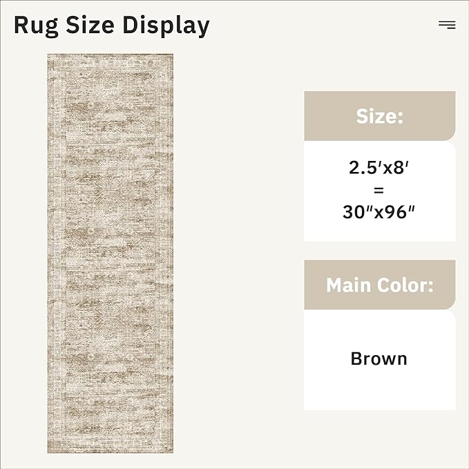 Washable Runner Rug, 2'6" x 8' Non-Slip Kitchen Vintage Foldable Hallway Runners for Entryway, Laundry, Bedroom, Brown