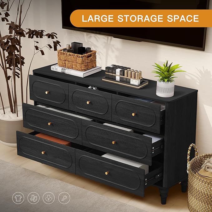ORRD 7 Drawer Fluted Dresser for Bedroom, Mid Century Modern Chest of Drawers, Wood Storage Large Dresser Organizer for Bedroom Living Room Hallway Closet, Black