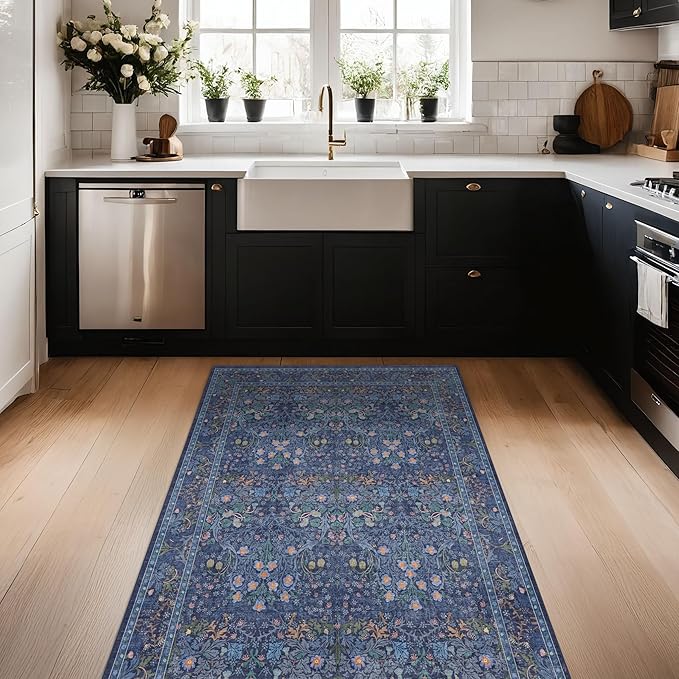 Vintage Dark Blue 3x5 Area Rugs for Entryway, Bedroom Beside Rug, Kitchen, Laundry Room, Non-Slip Low Pile Ultra Soft Stain Resistant Small Floral Carpet - Boho Plant Dusky Navy Decor