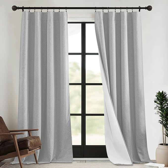 RYB HOME 4 in 1 Set Dust Filter - Soundproof - Blackout - Insulating, Energy Efficiency Linen Curtains for Kids Bedroom Living Room Divider Apartment Hotel Office Theatre, Grey, W 52 x L 108, 2 Pcs