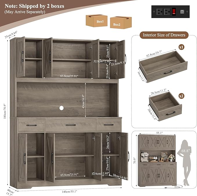HOSTACK 71" Tall Kitchen Pantry Storage Cabinet with Charging Station, 55" Wide Kitchen Hutch Cabinet with Large Countertop, Farmhouse Food Pantry with Drawers for Living Room (Ash Grey)