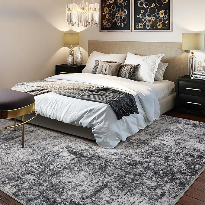 Area Rug Living Room Rugs - 7x9 Large Soft Indoor Neutral Modern Abstract Low Pile Washable Rug Carpet for Bedroom Dining Room Farmhouse Home Office - Grey