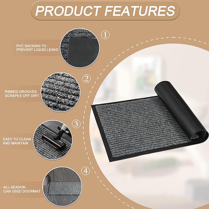 Durable Front Door Mat, Heavy Duty Indoor Outdoor Doormat, 48” x 36” Low Profile Outdoor Mats for Home Entrance, Stain and Fade Resistant Shoe Scraper Mat, Ideal for High Traffic Area