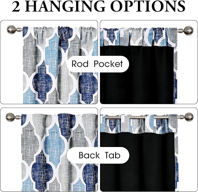 Beauoop 100% Blackout Curtains 63 Inches Long 2 Panels for Bedroom Living Room Blue Grey Moroccan Geo Room Darkening Thermal Insulated Soundproof Rod Pocket Back Tab Window Treatments Drapes, 50x63