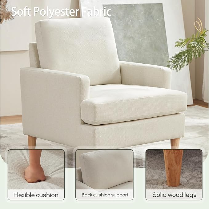 VKNOW Mid-Century Accent Chair, No Tools Assembly Required, Modern Upholstered Polyester Armchair for Living Room,Comfy Reading Accent Chairs with Wood Legs for Bedroom, Beige