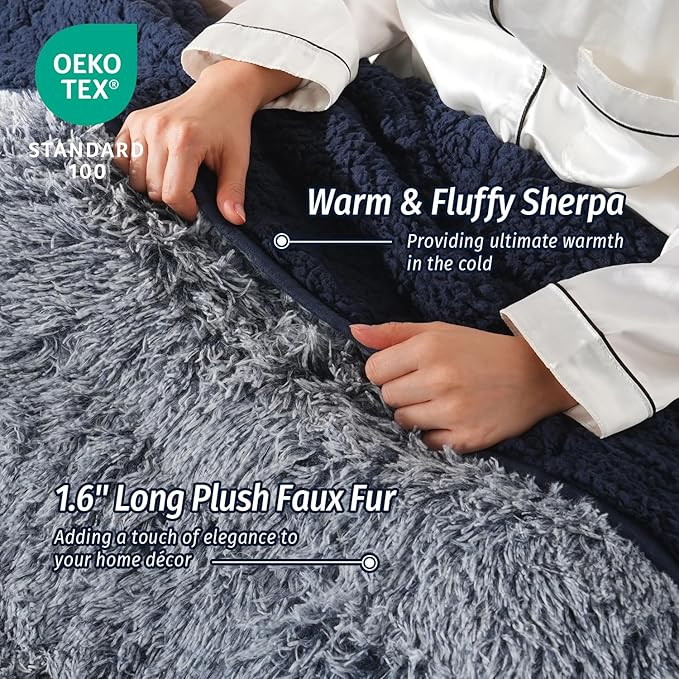 Wemore Shaggy Long Fur Faux Fur Weighted Blanket, Cozy and Plush Sherpa Long Hair Blanket for Adult 20lbs, Fluffy Fuzzy Sherpa Reverse Heavy Blanket for Bed, Couch, Backprint Navy Blue, 60 x 80 Inches